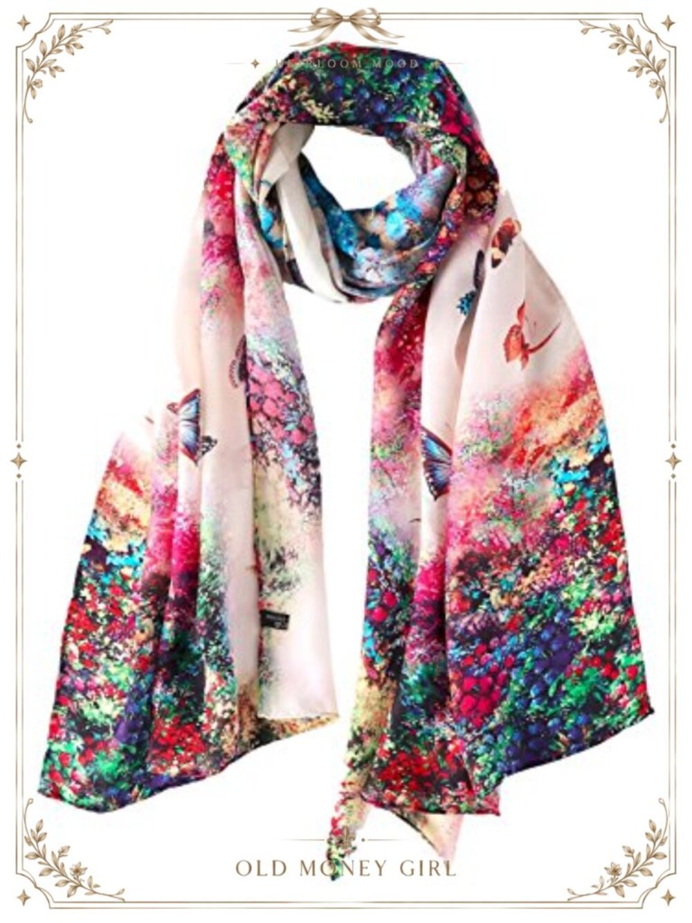 100% Silk Charmeuse Long Scarf Floral Butterfly Print 67x20